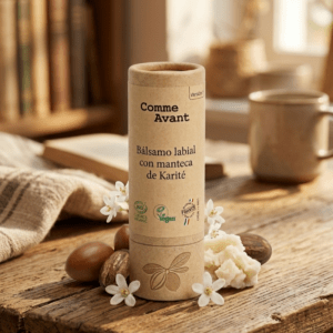 Bálsamo labial de manteca de karité Comme Avant en envase de cartón biodegradable zero waste.