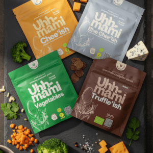 Gama completa de sazonadores veganos Uhh-mami: sabores queso, queso azul, trufa y verduras