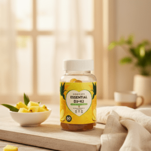 Bote de Gomicare Essential D3+K2 con Calcio, 60 gummies veganas sabor piña sin azúcar.