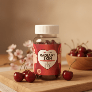 Bote de Gomicare Radiant Skin, 60 gummies veganas con Ácido Hialurónico, Coenzima Q10 y Selenio sabor cereza.