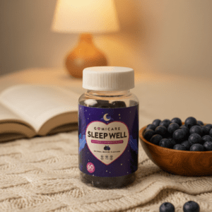 Bote de Gomicare Sleep Well gummies de melatonina y valeriana para el sueño sabor frutos del bosque.