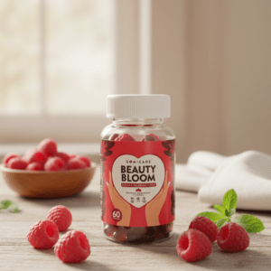 Bote de Gomicare Beauty Bloom gummies para cabello piel y uñas sabor frambuesa.
