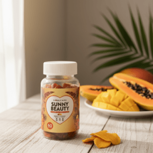 Bote de Gomicare Sunny Beauty gummies para el bronceado sabor tropical con beta-caroteno y licopeno.