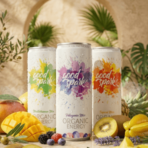 Tres latas de bebida energética orgánica Good Spark sabores Mediterranean, Patagonia y Tropical Mix rodeadas de frutas frescas de mango, kiwi y bayas.