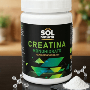 Bote de 500g de Creatina Monohidrato en polvo micronizado Sol Natural, suplemento vegano en envase blanco con etiqueta negra.