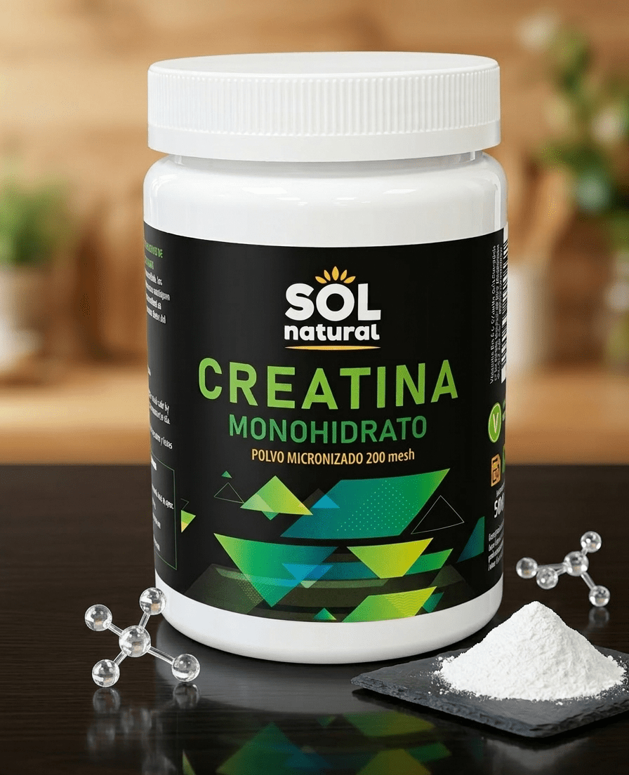 Bote de 500g de Creatina Monohidrato en polvo micronizado Sol Natural, suplemento vegano en envase blanco con etiqueta negra.