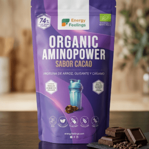 proteína vegana Organic Aminopower sabor cacao de Energy Feelings 74 por ciento proteína de arroz guisante y cáñamo.