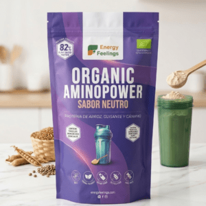 Bolsa de proteína vegana Organic Aminopower 82% sabor neutro de la marca Energy Feelings, en envase lila, con logotipos bio, vegan y libre de gluten.